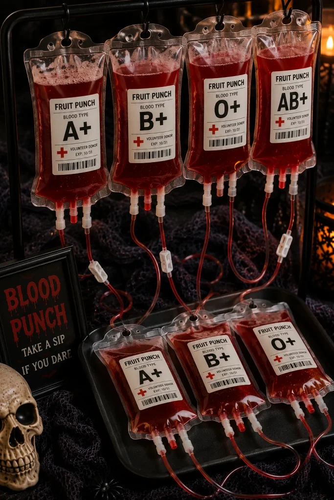 IV blood bag drink pouches filled with red fruit punch