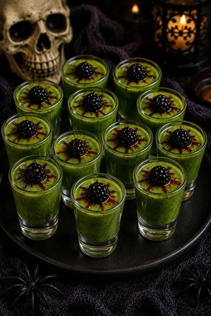 Green monster smoothie shots with a blackberry eyeball garnish