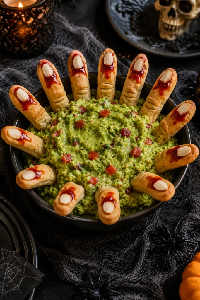 Zombie guts guacamole dip with breadstick fingers and red blood garnish