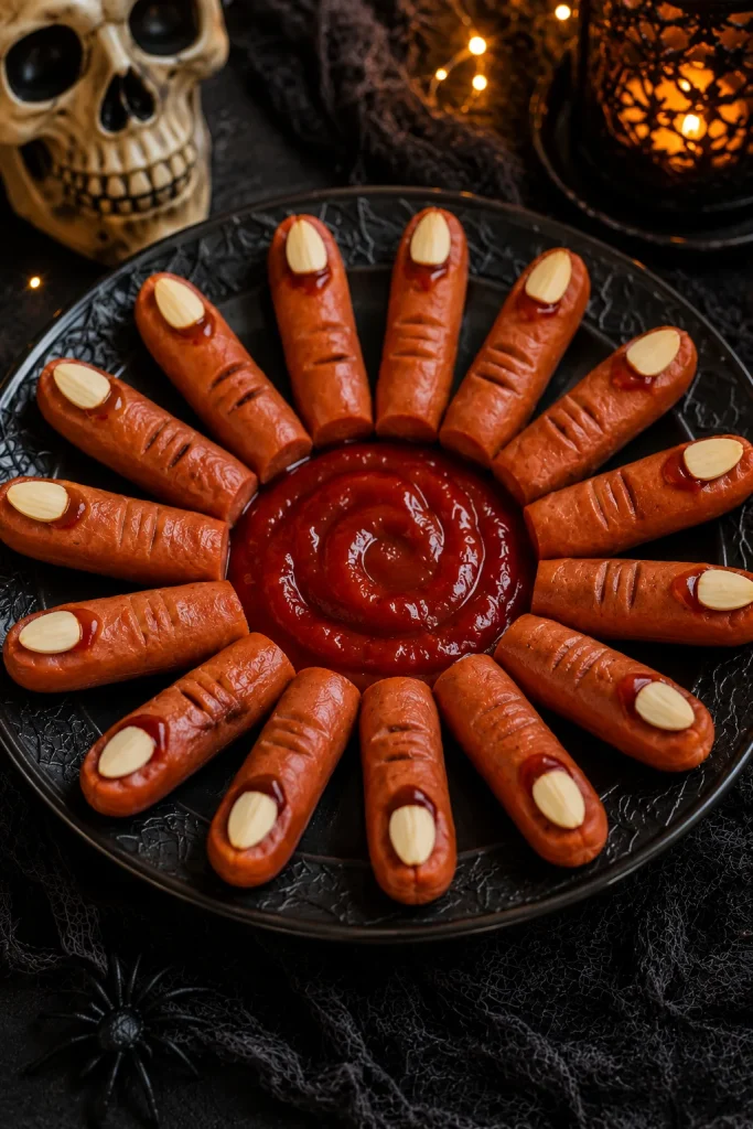 Severed finger hot dogs with sliced almond nails and ketchup blood pool