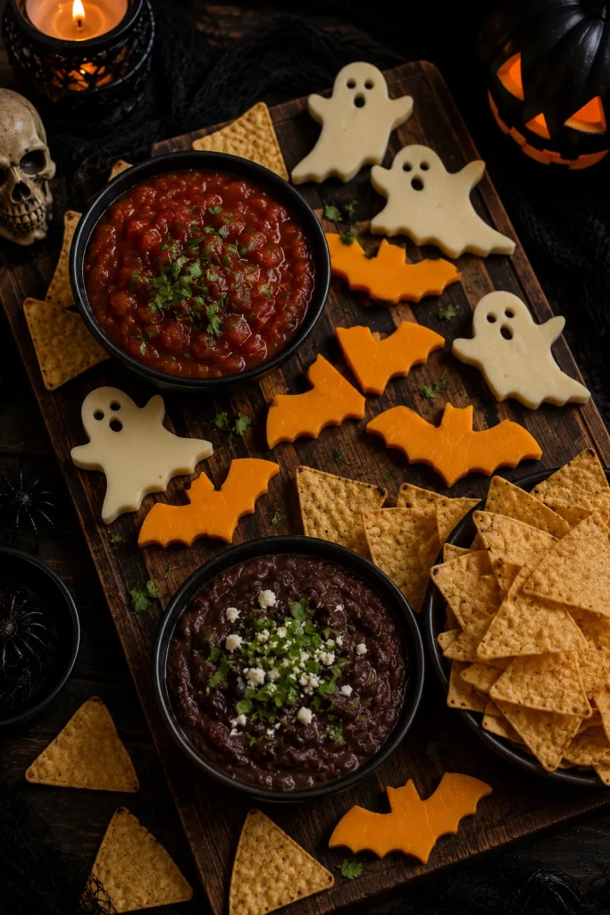 Bloody salsa and tortilla chip board with bat and ghost shaped cheese