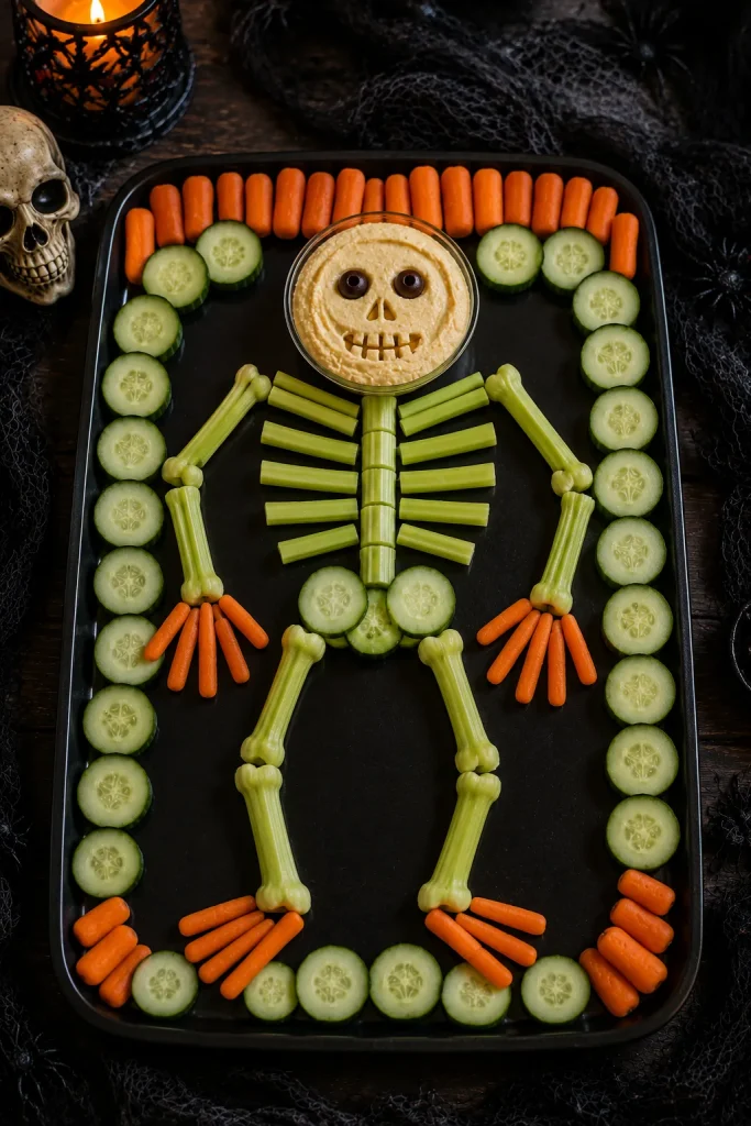 Veggie tray arranged as a skeleton with hummus skull dip