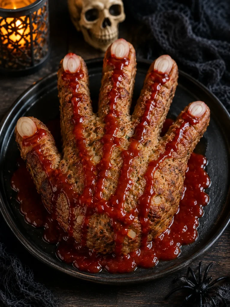Zombie hand shaped meatloaf with ketchup blood and onion ring fingernails