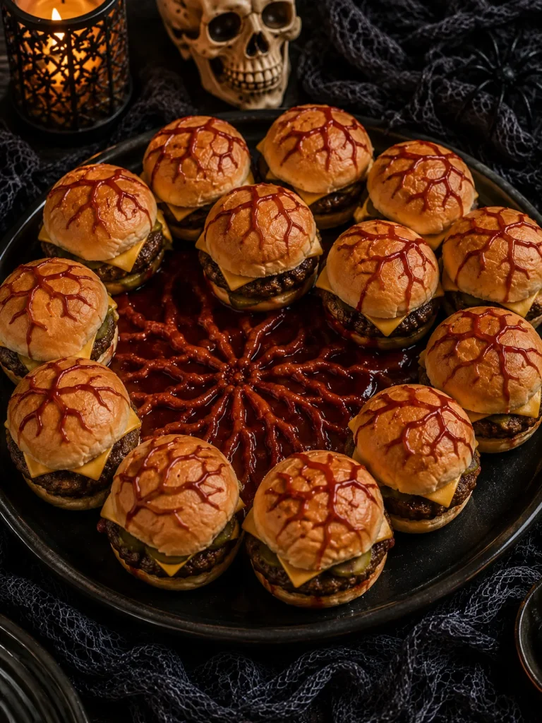 Mini brain shaped sliders with red vein sauce swirl on buns