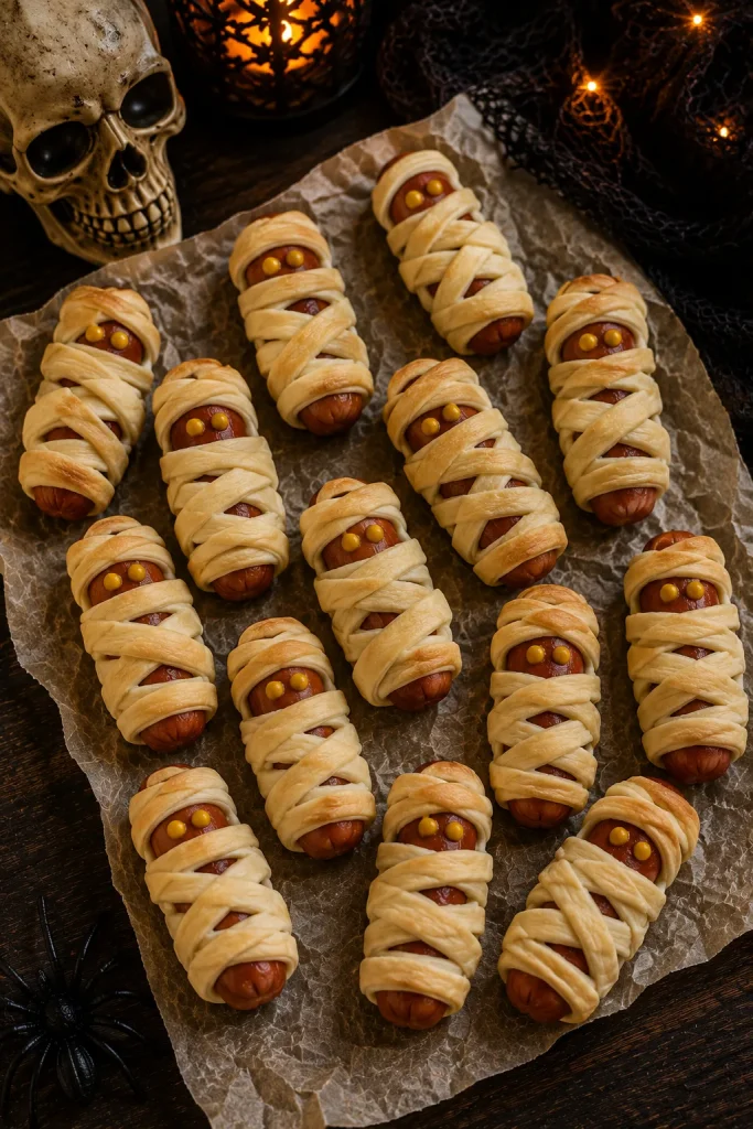 Mummy wrapped mini hot dogs with mustard eyes on wax paper