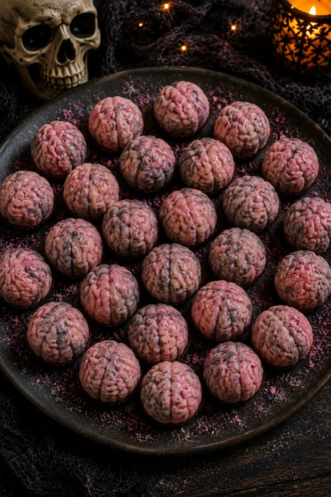 No-bake brain shaped cake balls on a dark platter