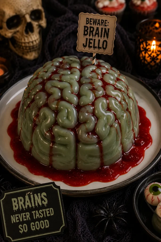 Jell-O brain mold with raspberry blood drizzle on a plate