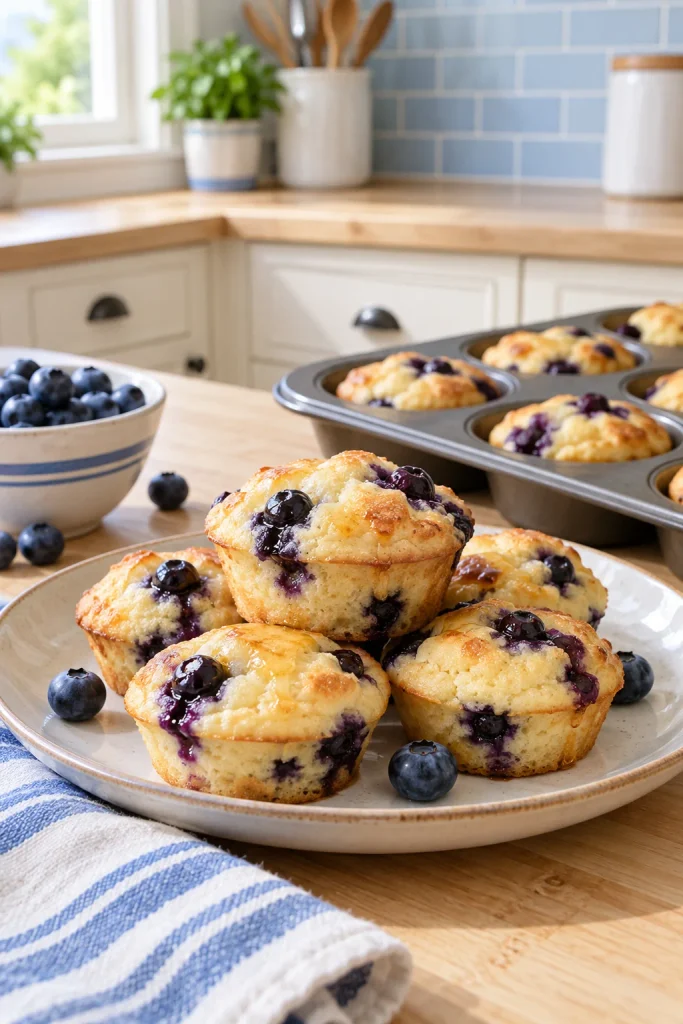 Fluffy blueberry pancake muffins baked in a 12-cup muffin tin