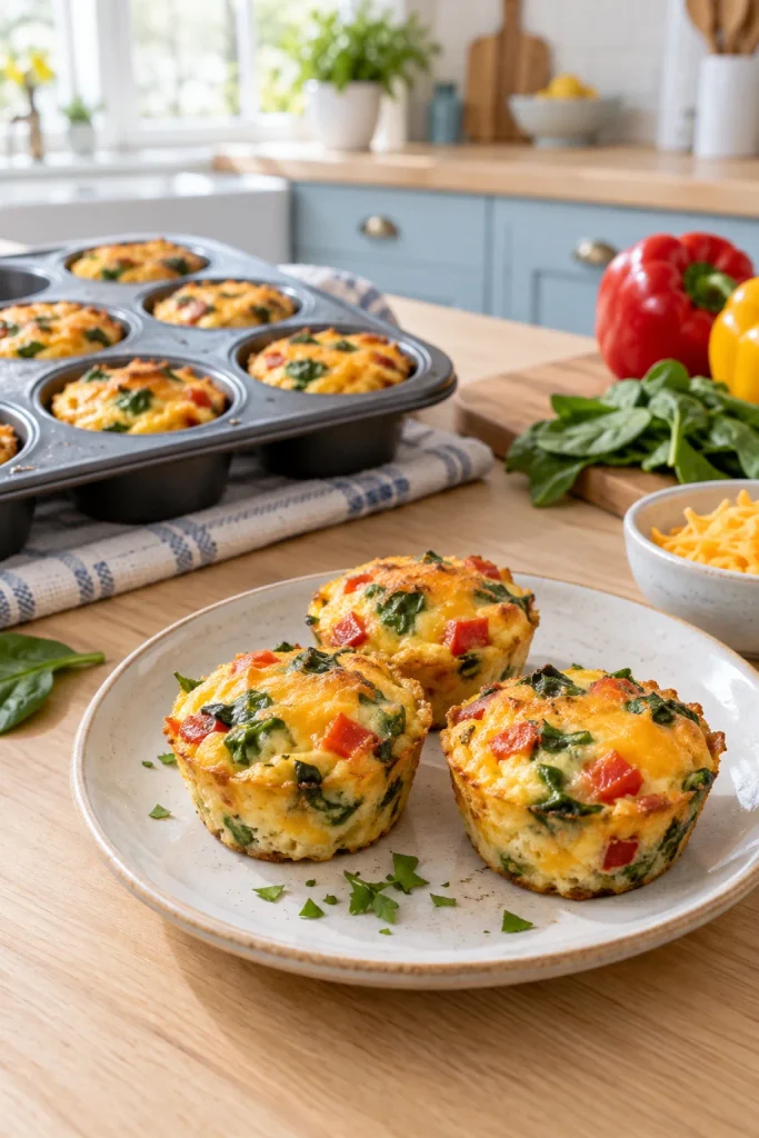 Baked egg and veggie cups with bell pepper, spinach and cheddar in a muffin tin