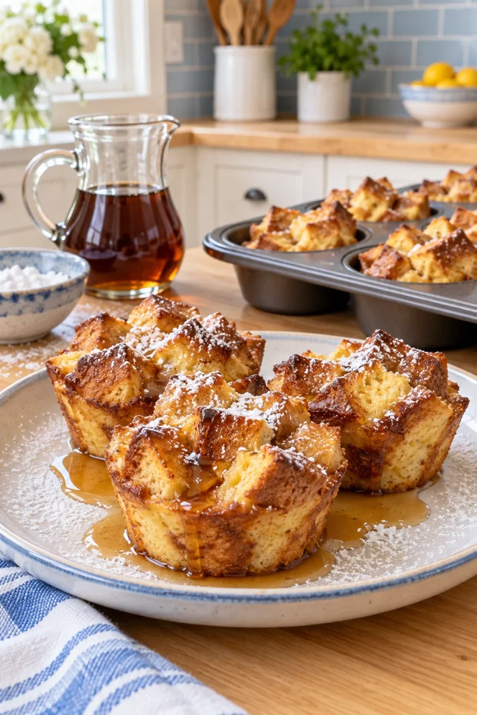Golden French toast cups drizzled with maple syrup and dusted with powdered sugar