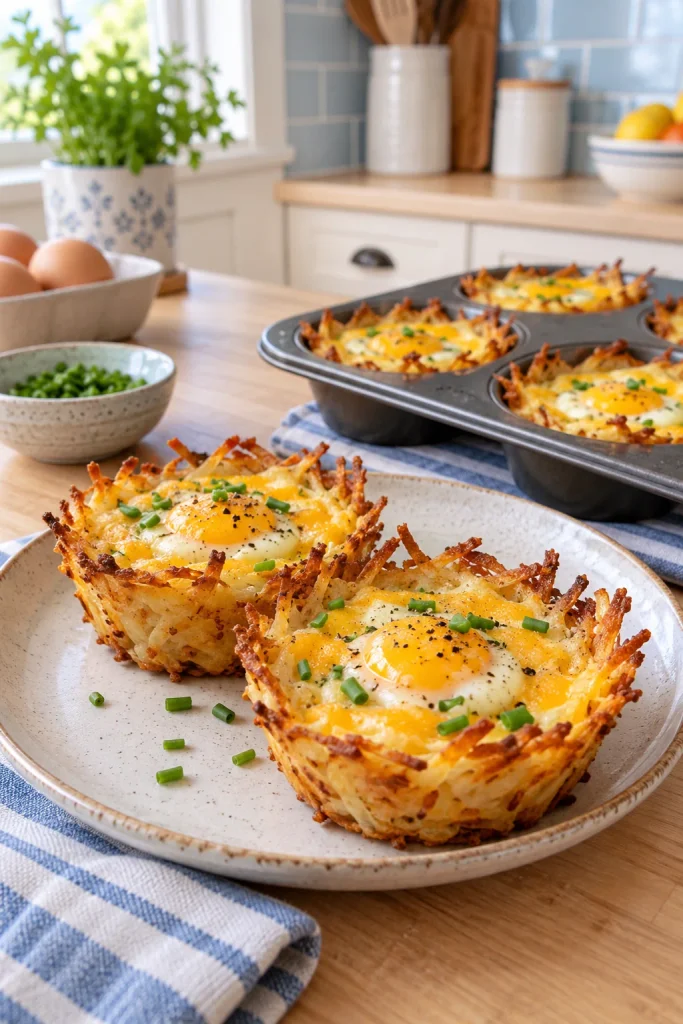 Crispy hash brown nests filled with baked scrambled egg and melted cheese
