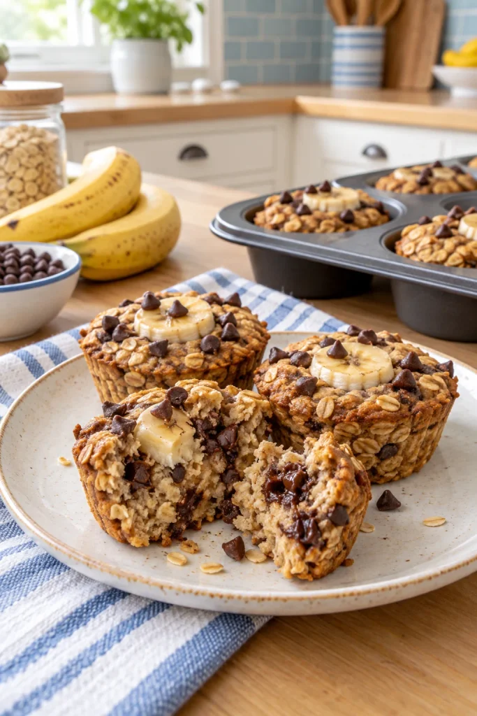 Banana baked oatmeal cups studded with chocolate chips, one broken open