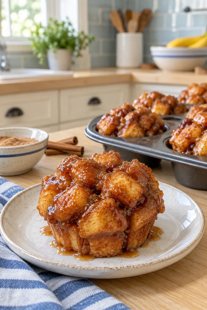 Sticky cinnamon sugar monkey bread muffins glistening with caramel