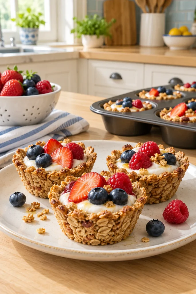 Crunchy baked granola cups filled with yogurt and fresh berries