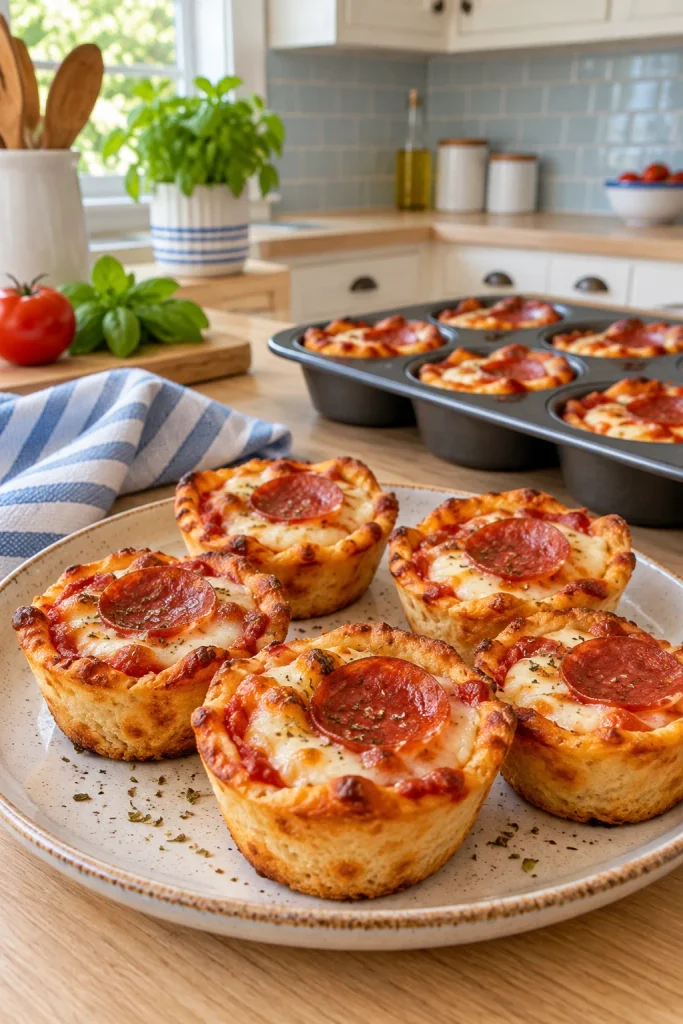 Golden biscuit mini pizza cups with melted mozzarella and mini pepperoni