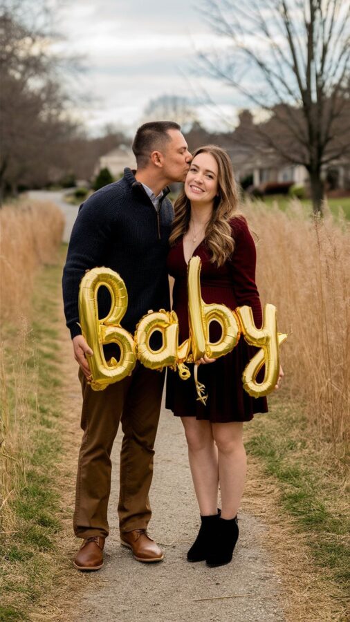 Couple on an outdoor path holding gold balloon letters spelling Baby, with the husband kissing his wife's forehead