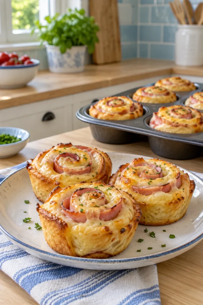 Spiral ham and cheese crescent roll-ups baked golden in a muffin tin
