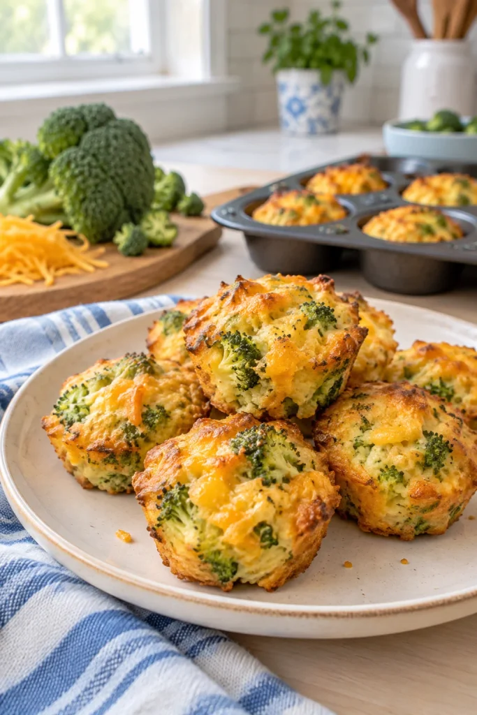 Golden cheesy broccoli and cheddar bites in a muffin tin
