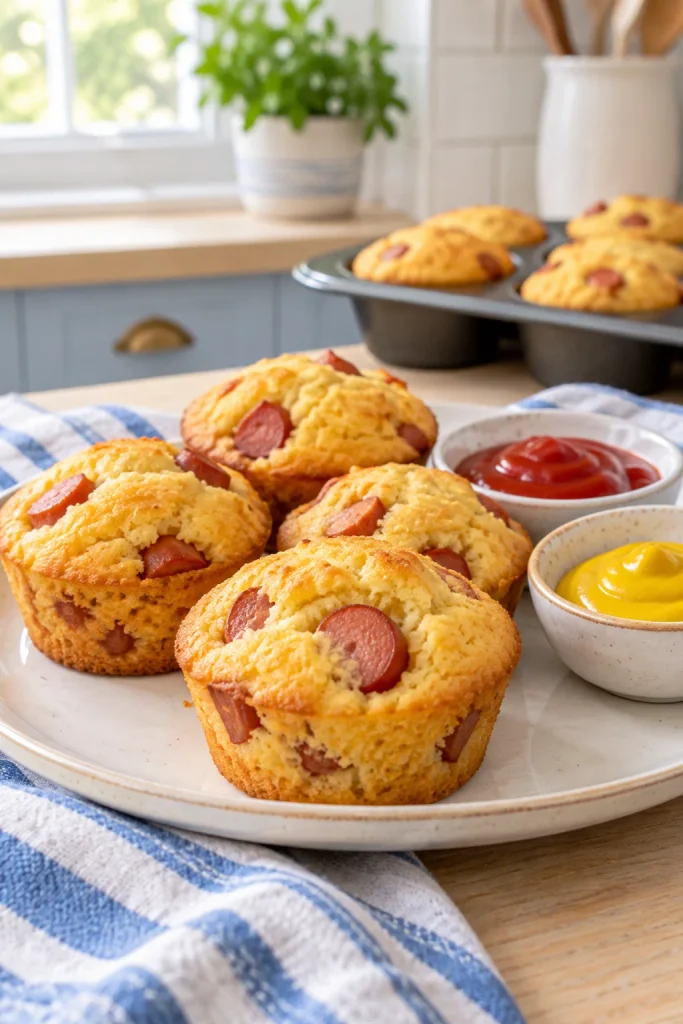 Golden cornbread corn dog muffins with hot dog pieces, served with ketchup and mustard
