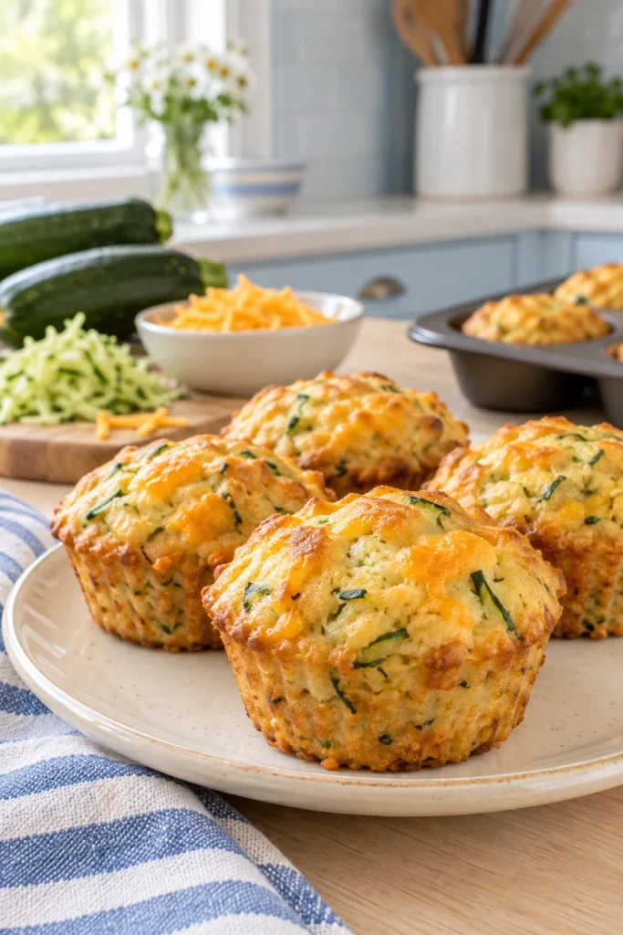 Savory zucchini cheddar muffins flecked with green and topped with melted cheese