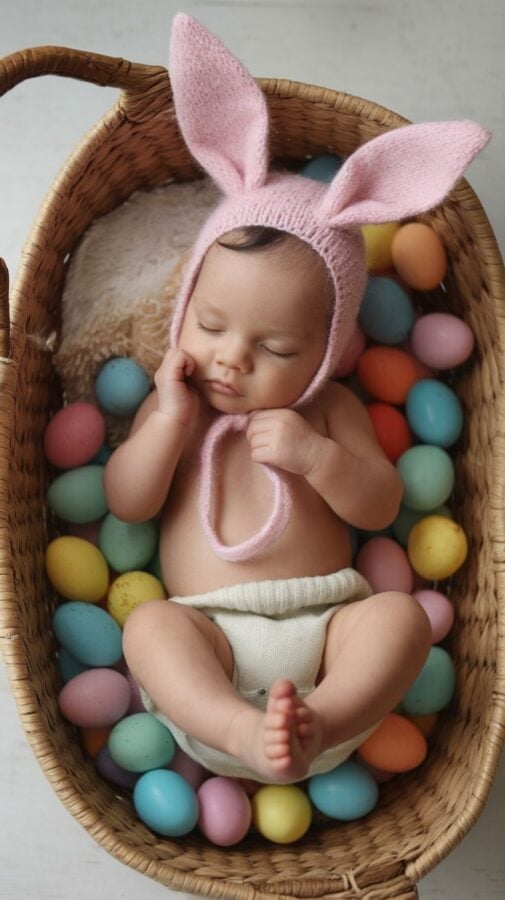 Sleeping newborn in pink bunny bonnet in an oval basket of pastel Easter eggs
