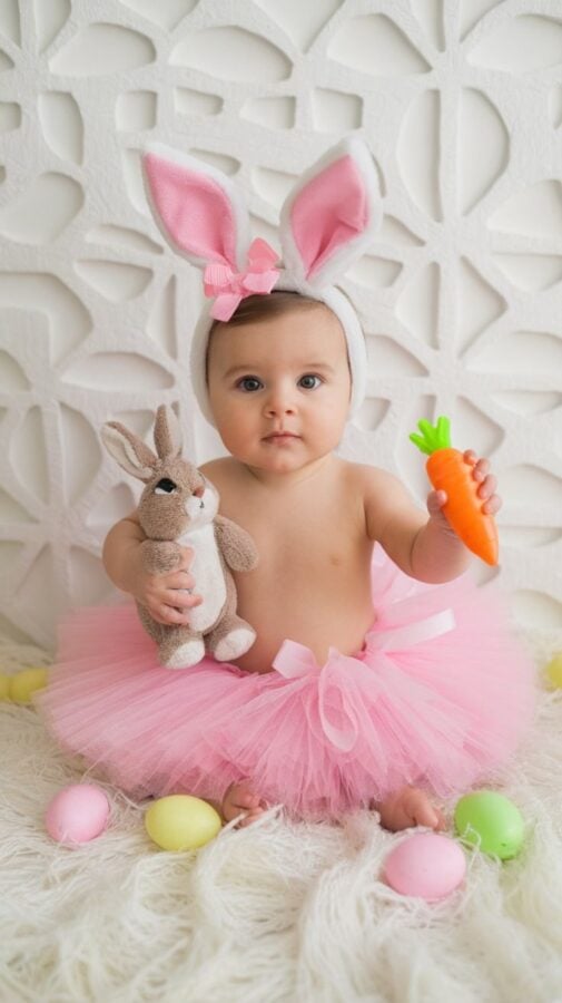 Baby in pink tulle tutu and bunny ears holding a plush bunny and a toy carrot on a fuzzy white rug