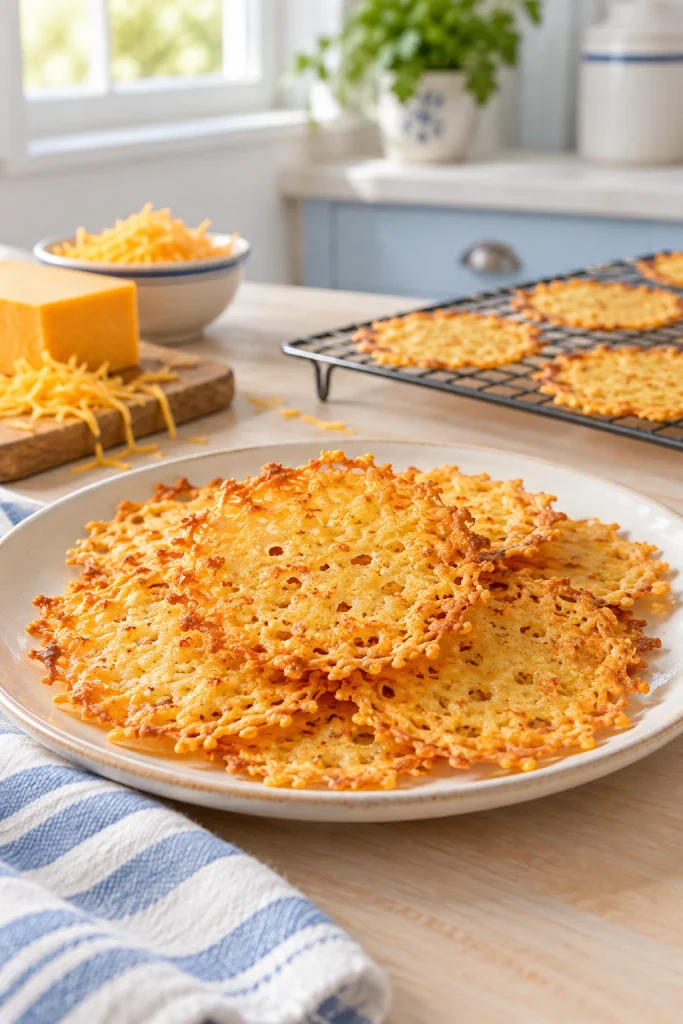 Lacy golden cheddar cheese crisps cooling on a wire rack