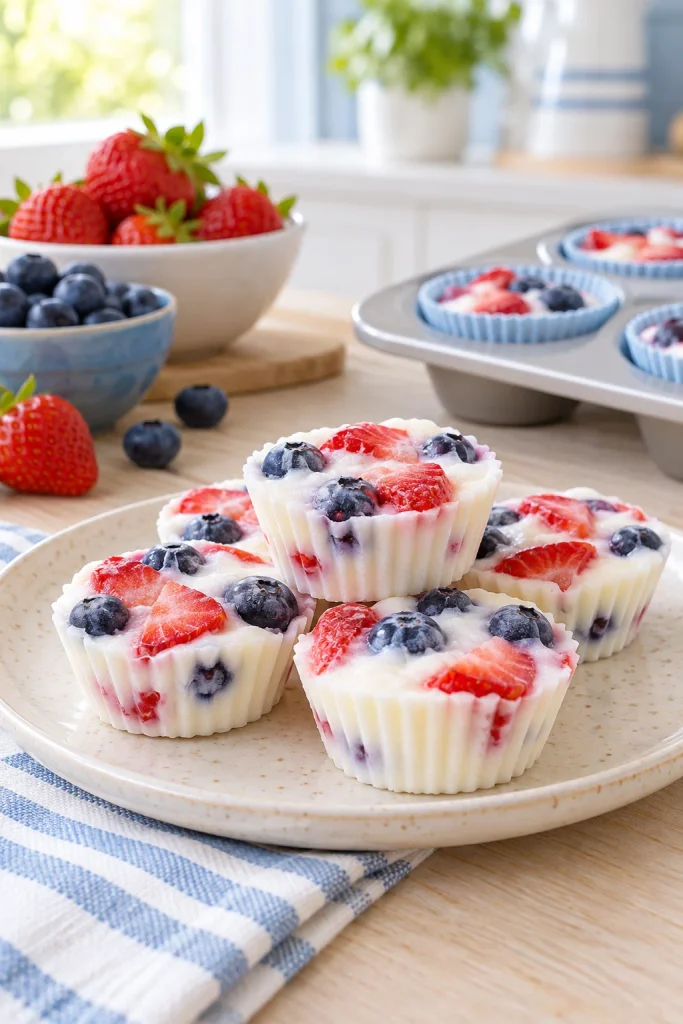 Frozen yogurt fruit bites topped with strawberries and blueberries in muffin liners
