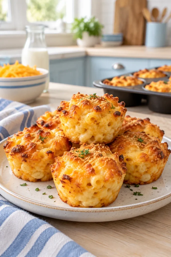 Baked mac and cheese bites with toasted panko tops cooling on a wire rack