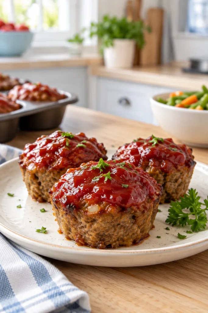 Individual mini meatloaf muffins with a glossy ketchup glaze