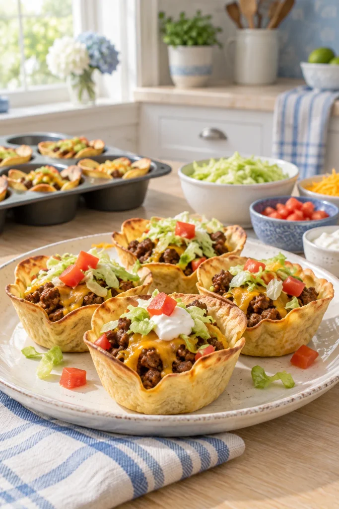 Crispy muffin tin taco cups filled with seasoned ground beef and melted cheese