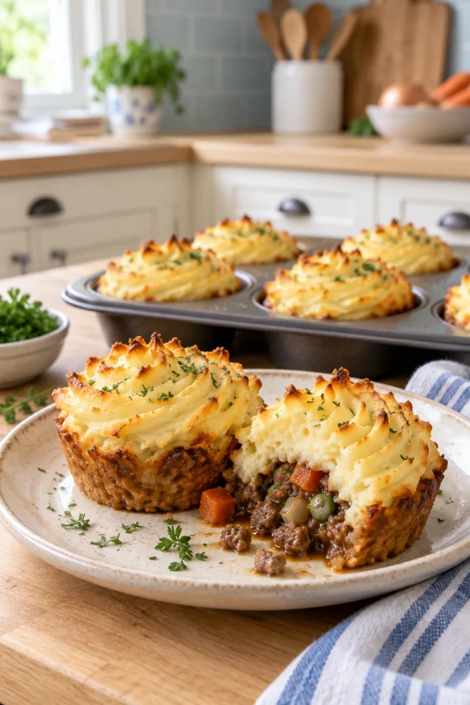 Mini shepherd's pies with golden piped mashed potato tops in a muffin tin
