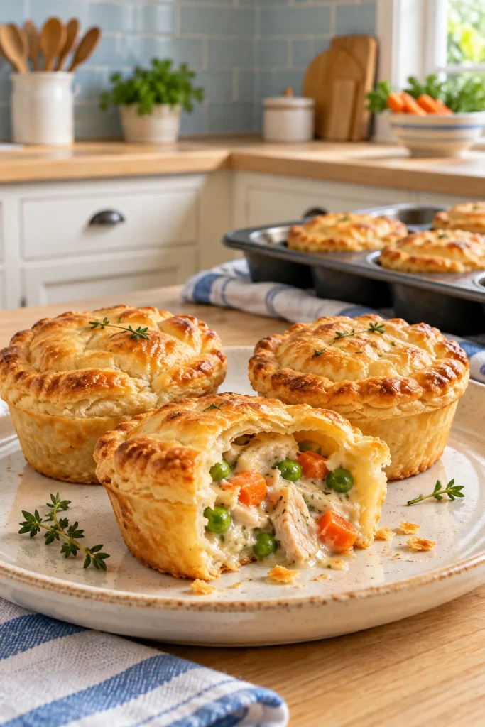 Flaky golden mini chicken pot pies made with crescent dough in a muffin tin