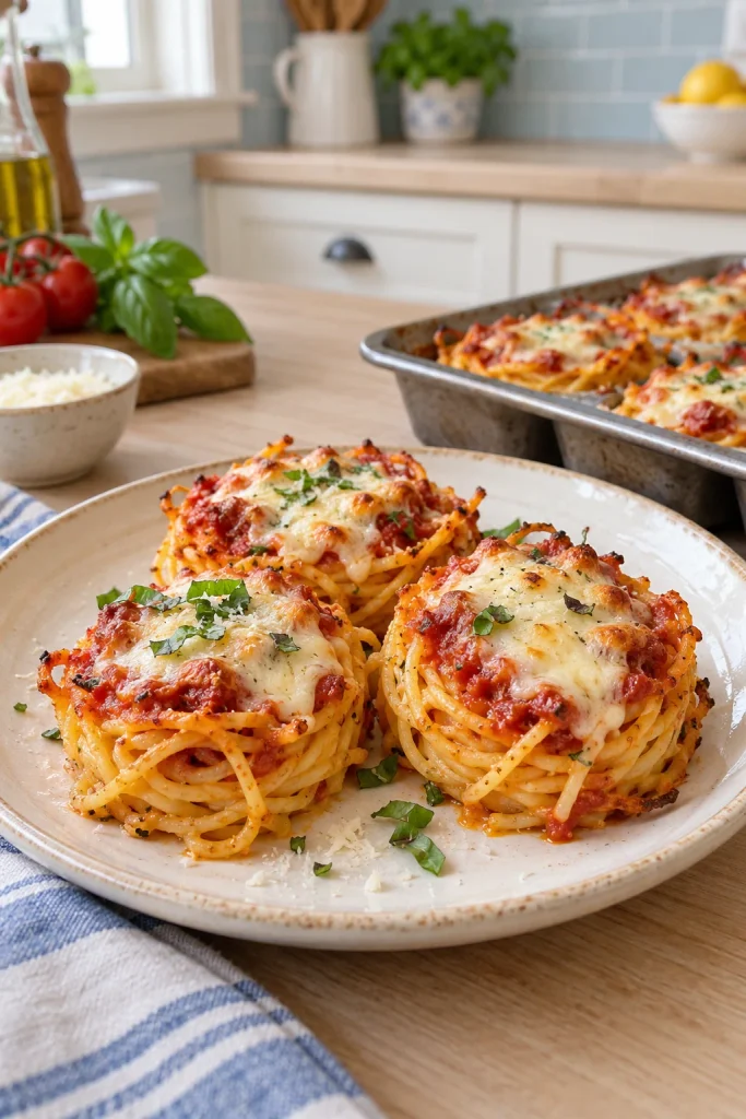 Baked spaghetti nests topped with marinara and bubbly mozzarella