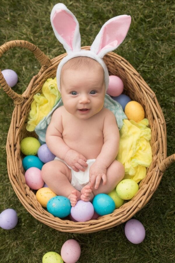 Smiling baby in white bunny ears sitting in a woven basket on green grass surrounded by pastel eggs