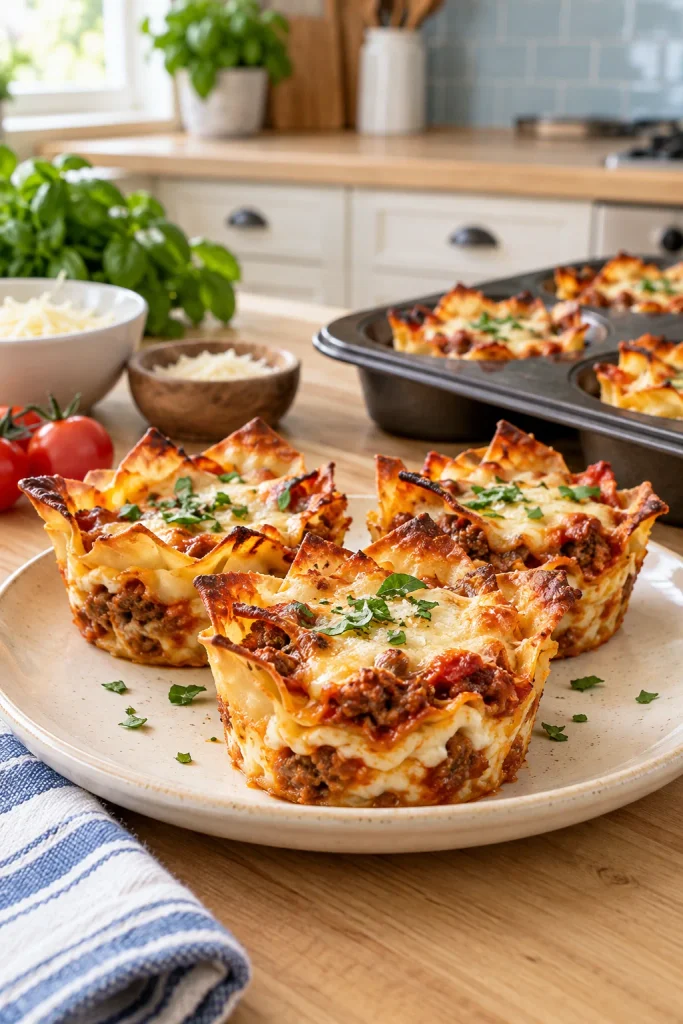 Layered wonton lasagna cups with crispy edges and melted cheese