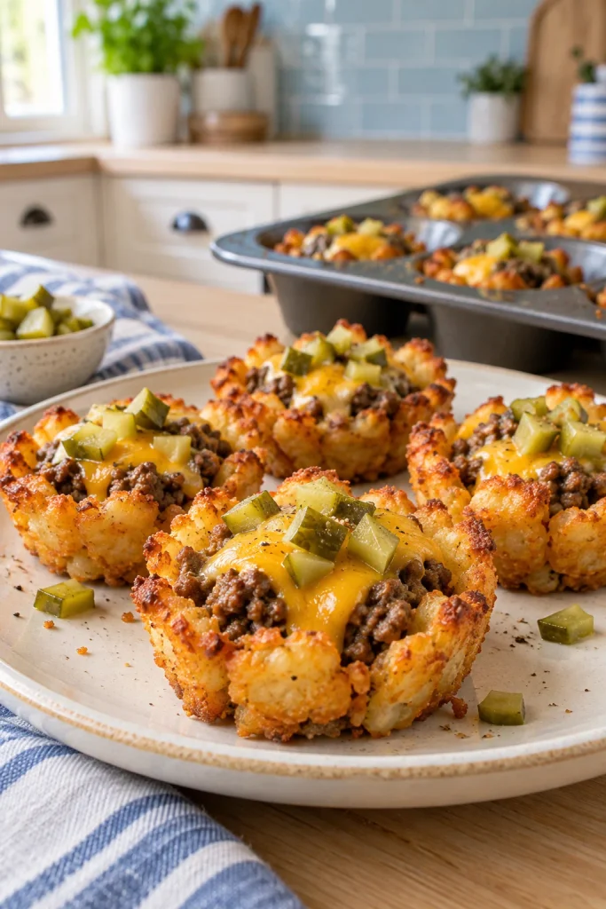 Crispy smashed tater tot cups filled with cheeseburger beef and topped with diced pickles