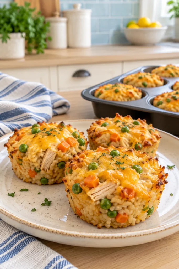 Cheesy chicken and rice cups with peas and carrots and golden edges