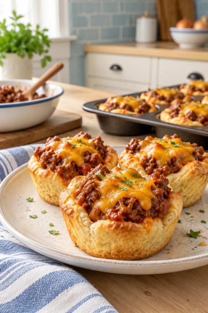 Biscuit cups filled with saucy sloppy joe beef and melted cheddar