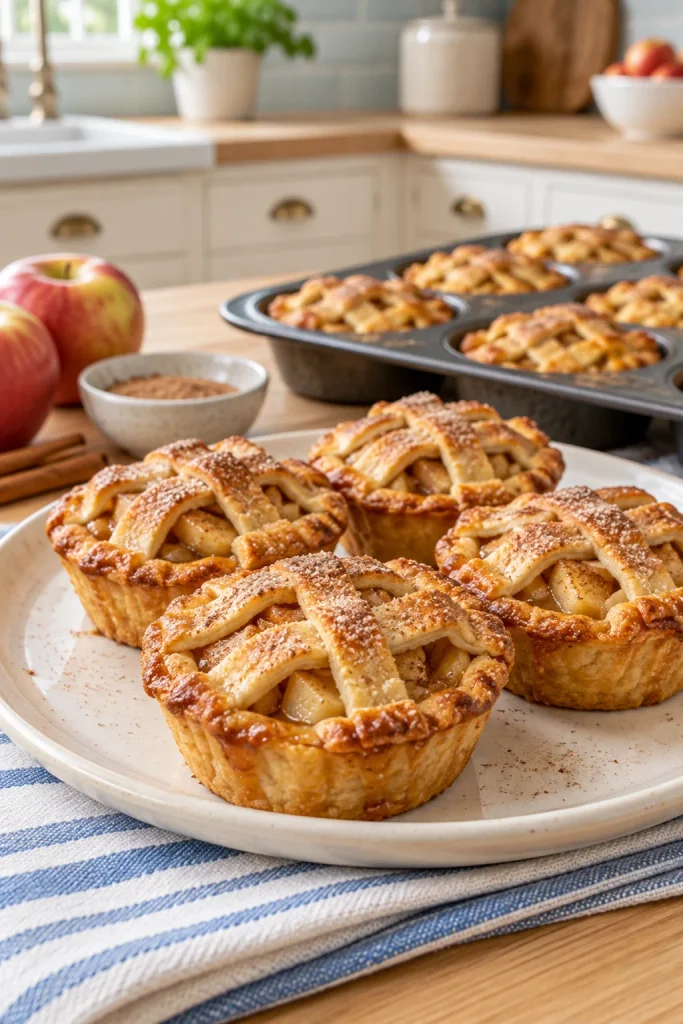 Mini apple pie cups with lattice tops dusted in cinnamon sugar