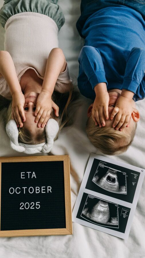 Two siblings lying down covering their eyes above a letter board reading ETA October 2025 and two ultrasound photos