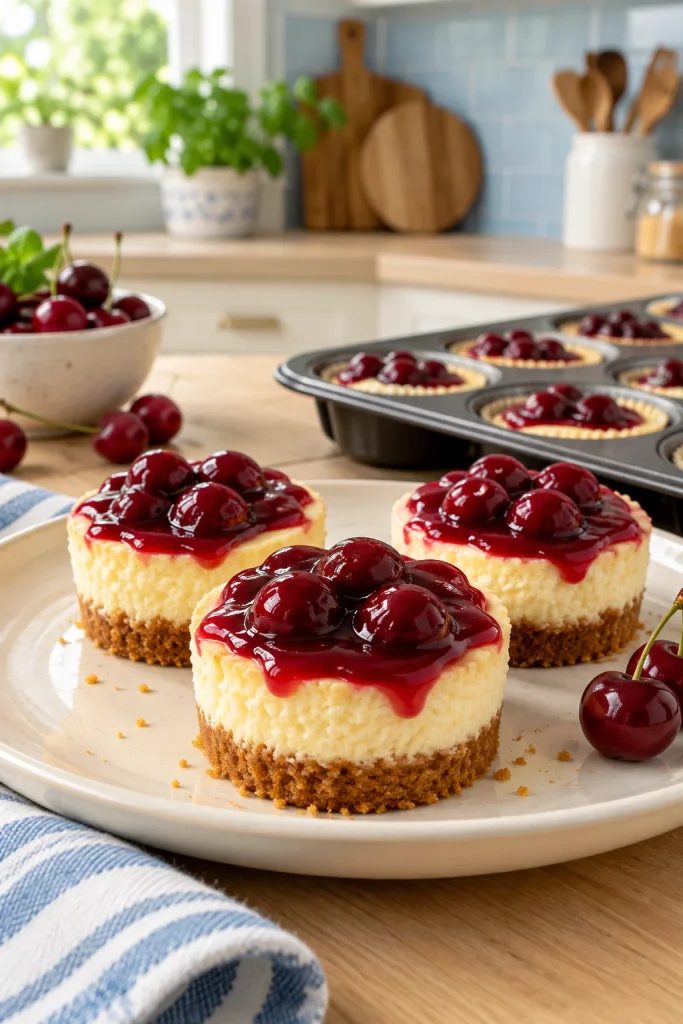 Creamy mini cheesecakes with vanilla wafer crusts topped with cherry pie filling