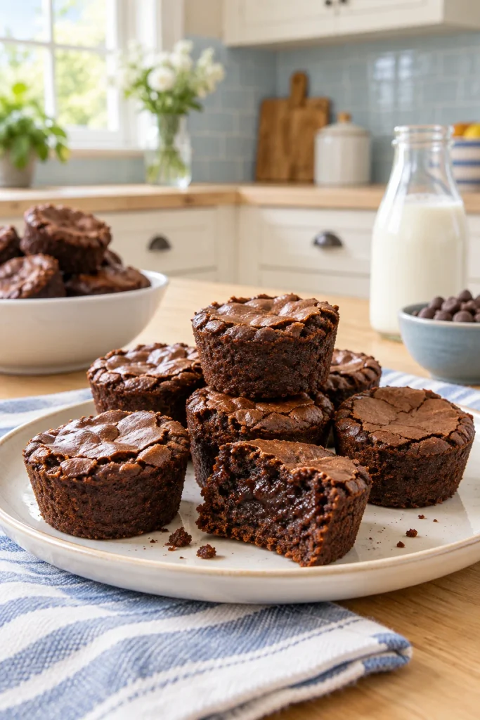 Fudgy muffin tin brownie bites with crackly tops stacked on a plate