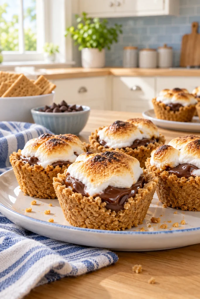 S'mores cups with graham cracker crust, melted chocolate and toasted marshmallow tops