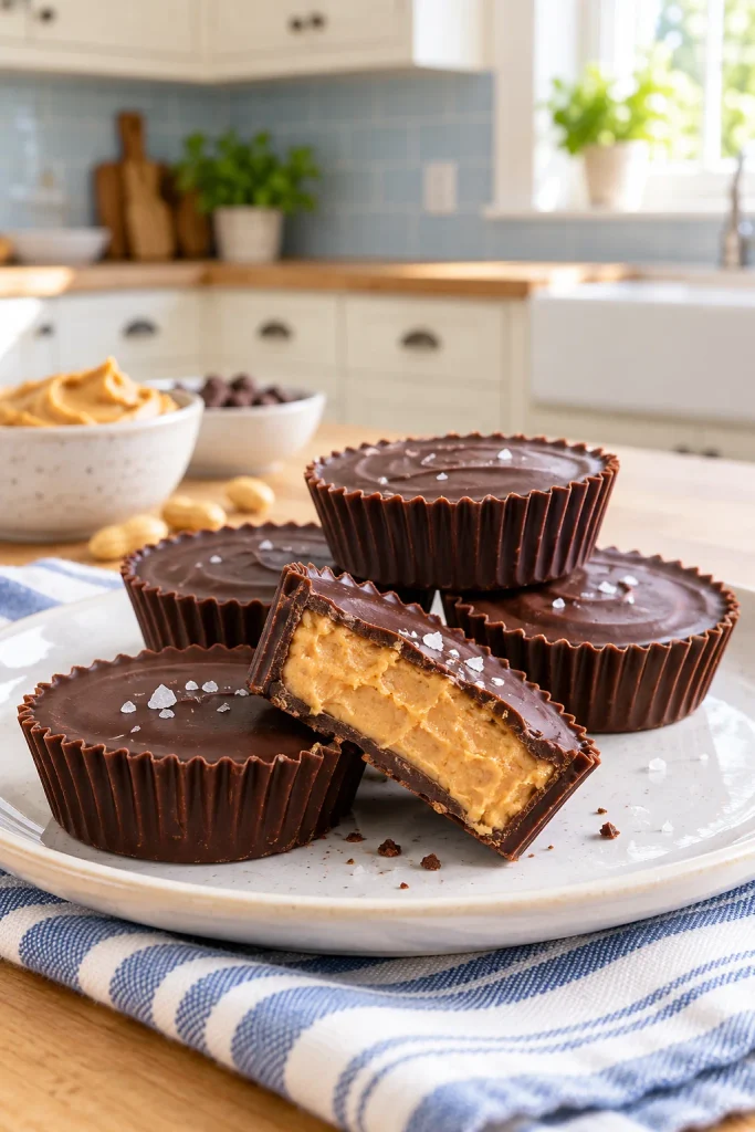 Homemade no-bake chocolate peanut butter cups, one bitten to show the filling