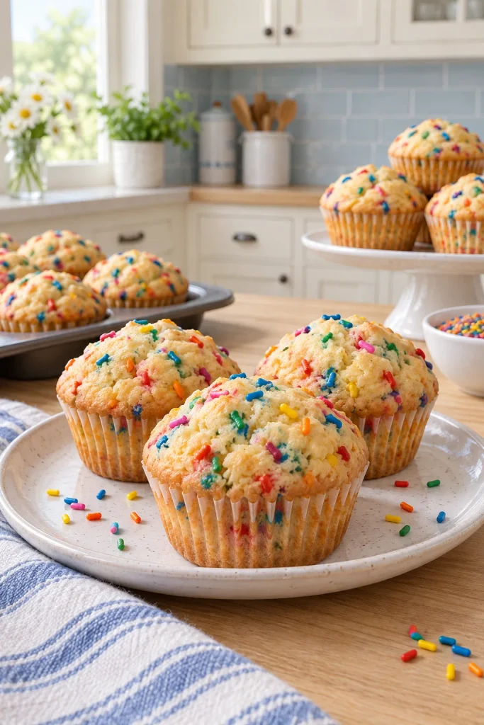 Bright funfetti muffins loaded with rainbow sprinkles inside and on top