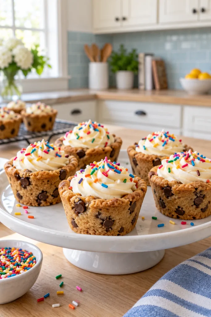 Chocolate chip cookie cups filled with vanilla frosting and sprinkles