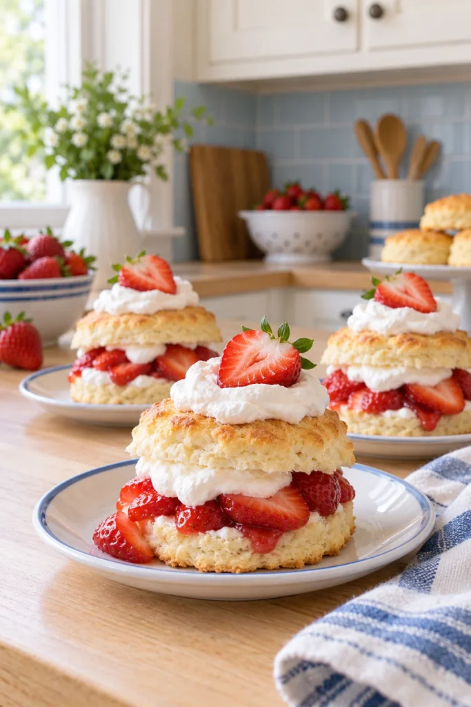 Split mini strawberry shortcakes filled with juicy strawberries and whipped cream