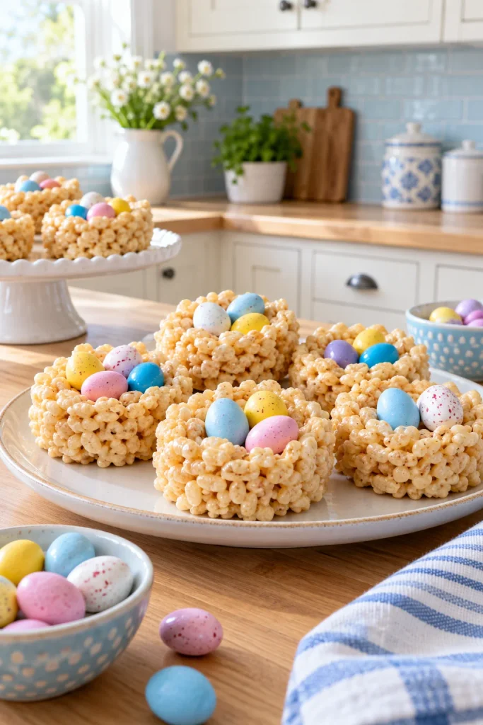 Rice Krispie treat nests filled with colorful candies