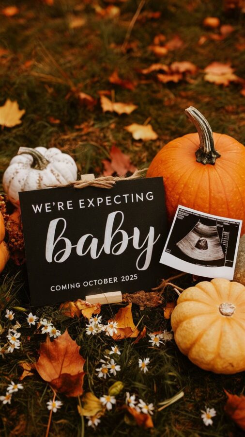 Small sign clipped to twine reading We're Expecting Baby, coming October 2025, set among real pumpkins, fallen leaves, and white daisies